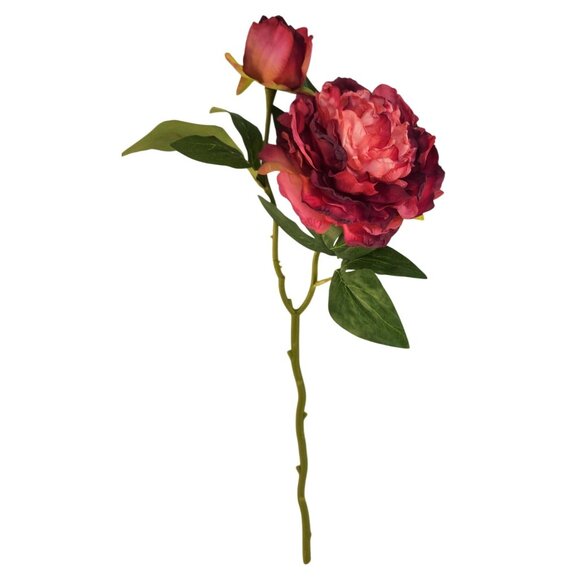 Rose Pink Faux Peony Stem 18 Inch Wedding Artificial Silk Flower Burgundy Tips - Picture 2 of 9